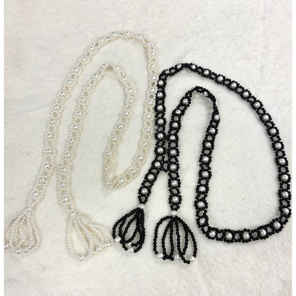 Vintage Faux Pearl Beaded Lariat Sautoir Necklaces 34” Black White Tassel Pair